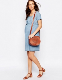 Mamalicious Denim Shift Dress With Embroidery