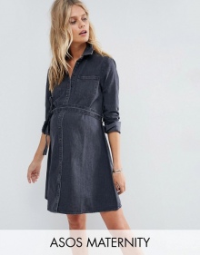 ASOS MATERNITY Denim Belted Shirt Dress in Washed Black