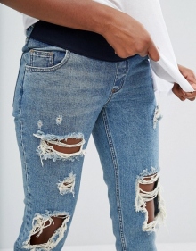 ASOS Maternity Original Mom Jeans in Jana Mid Stonewash with Busts and Stepped Hem With Under The Bump Waistband