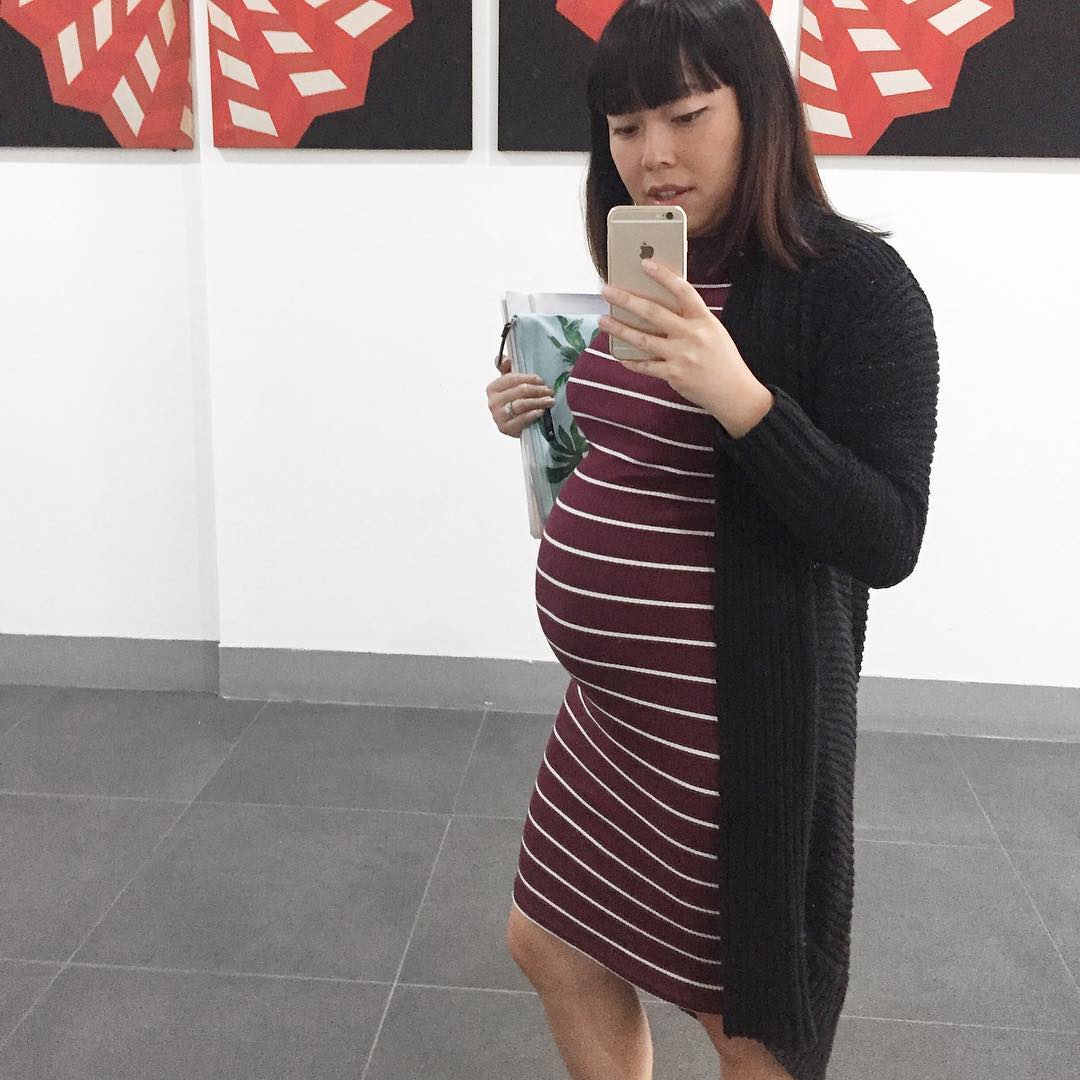 29 Weeks – Atmos & Here Paigton Midi dress in maroon stripe – Metalicus knit black cardigan – Kate Spade Breath Of Fresh Air I Need A Vacation clutch