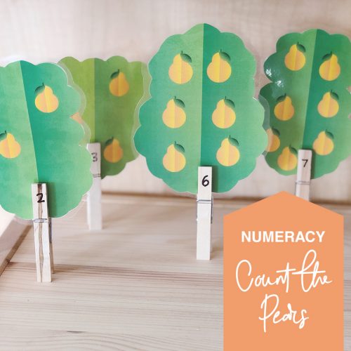 Count the pears in the pear tree - printable activity for toddlers and preschool