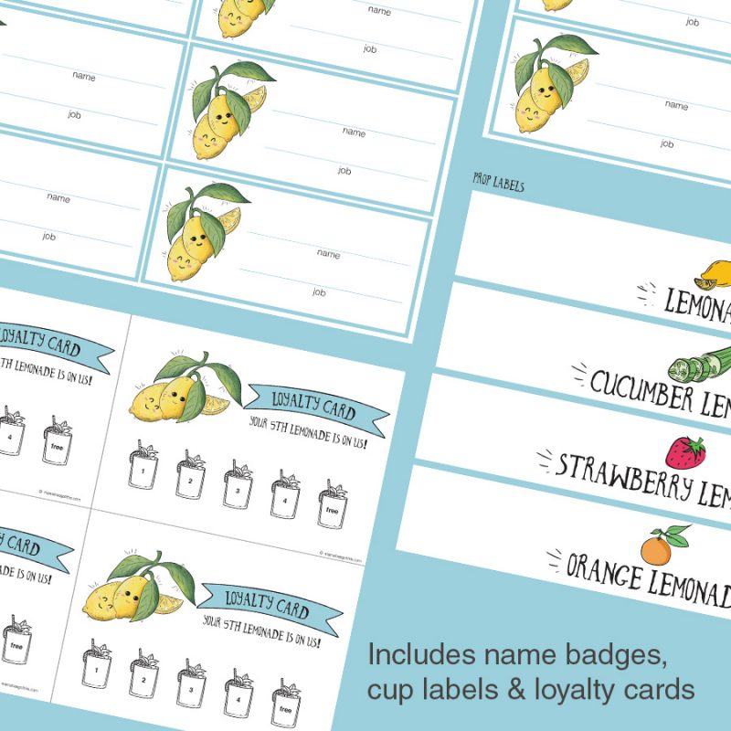 Customer loyalty cards, name badges and cup labelsLemonade stand/store dramatic play pretend play imaginative play printables set